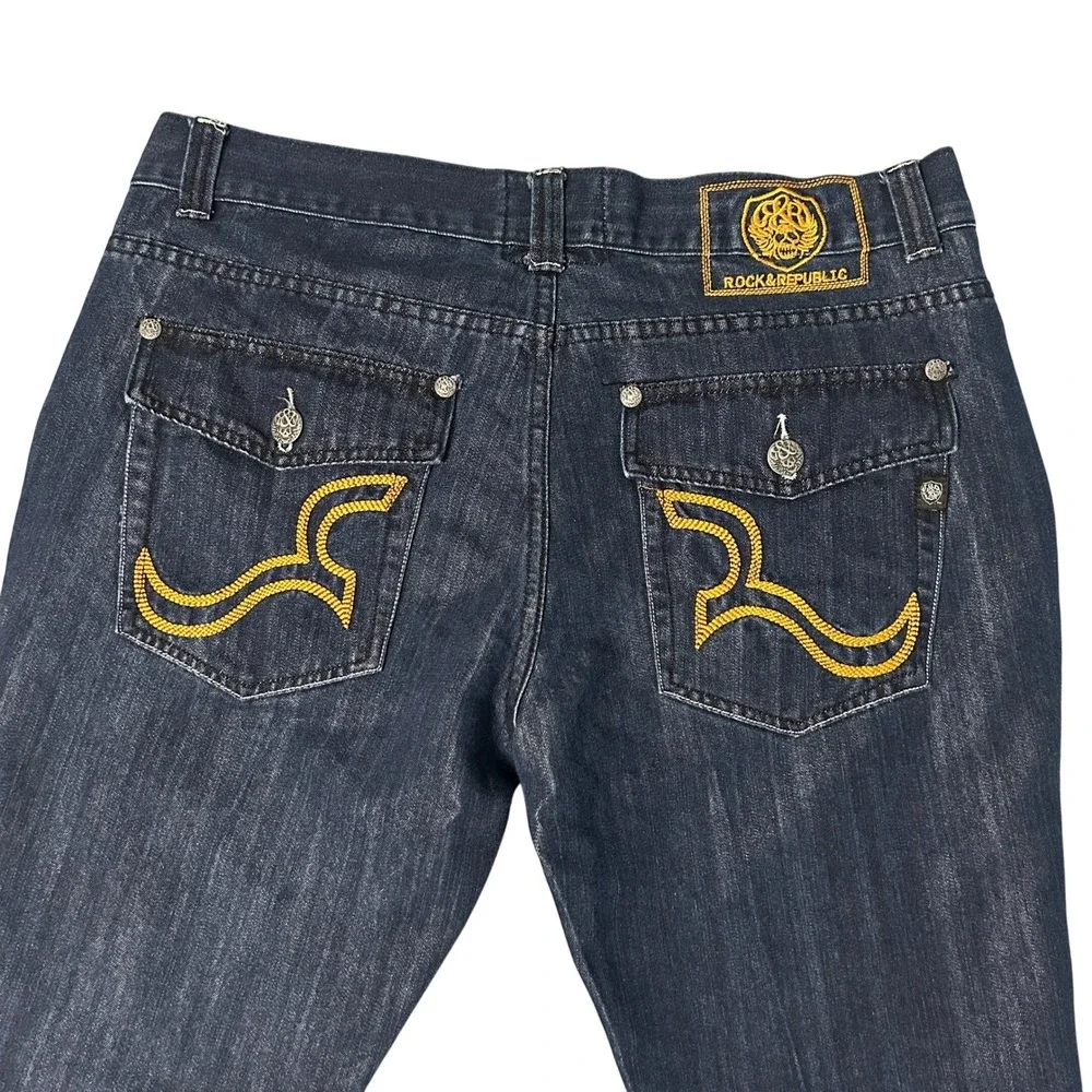 Rock & Republic Jeans Mens 35 Taylor Straight Leg Embroidered Flap Pockets 37x30